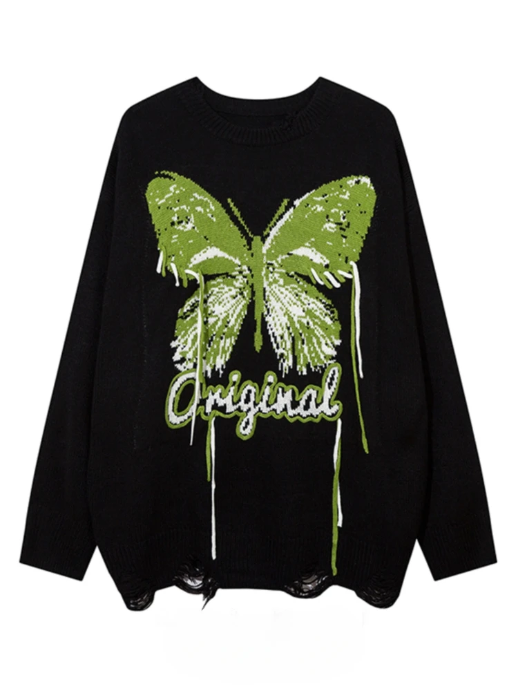 Round Neck Sweater Couple Top Pullover Loose Mid-Length Fashionable Casual Butterfly Jacquard LongSleeve Sense Spring and Autumn