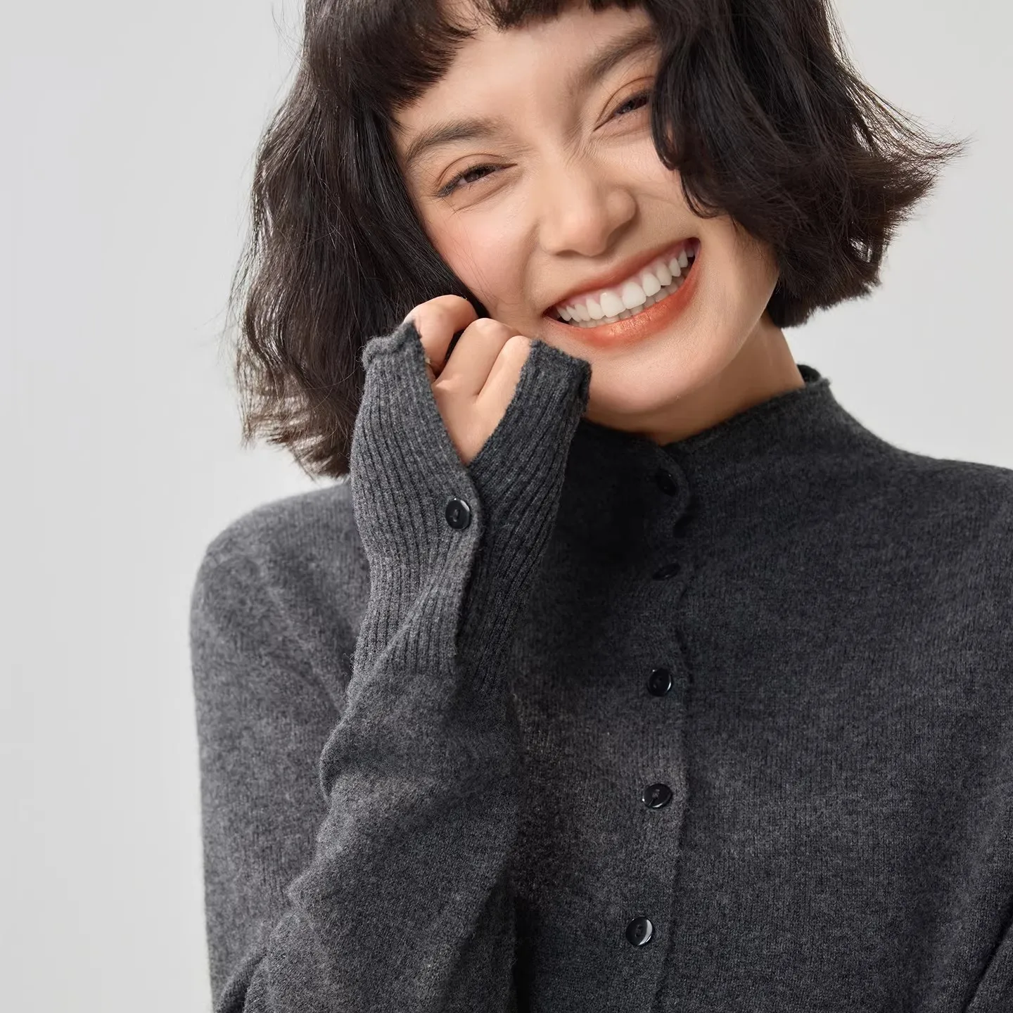 

100% pure wool cardigan women's half-high collar button knitted cashmere sweater jacket loose top women