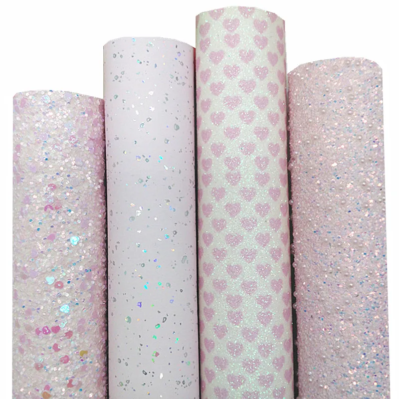 Pink Glitter Leather sheets Pearls Glitter Leather Hearts Printed Shimmer Glitter Iridescent Leather For Bow DIY 21x29CM Q1573