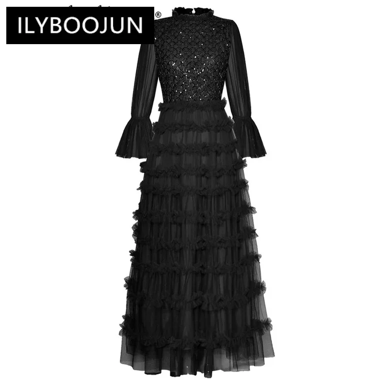 

ILYBOOJUN Fashion Designer Summer Mesh Long Dress Women's Stand Collar Flare Sleeve Sequins Beading Vintage Party Cake Dresses