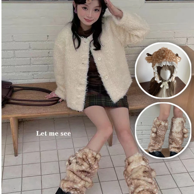 

Cute Christmas Deer Plush Hat Women Winter Korean Thick Warm Ear Protect Lei Feng Hat Plush Leg Warmer Set Performance Costume