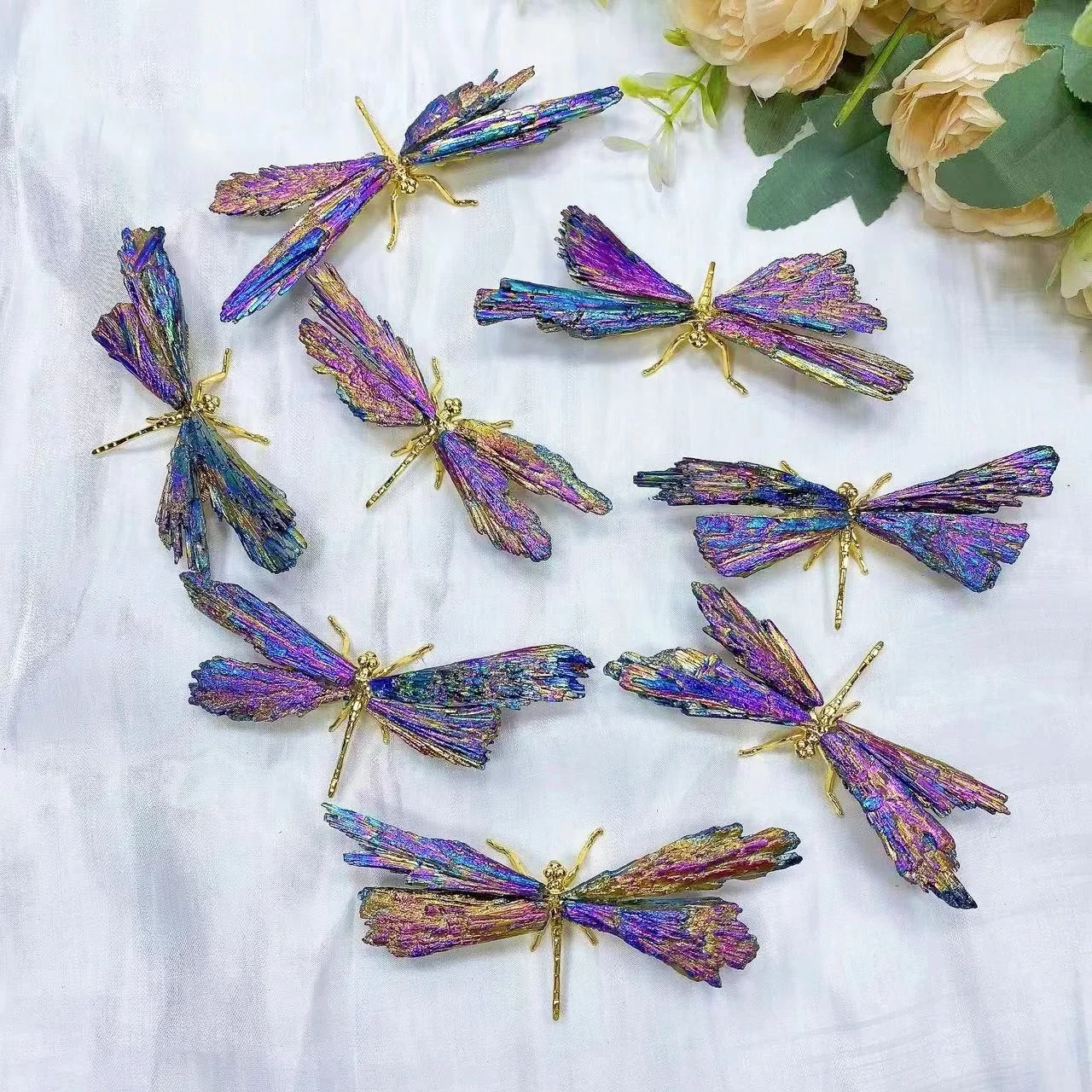 Natural Colorful Tourmaline Electroplanted Dragonfly Spar Crafts Reiki Healing Home Decoration Plating Crystal Butterfly