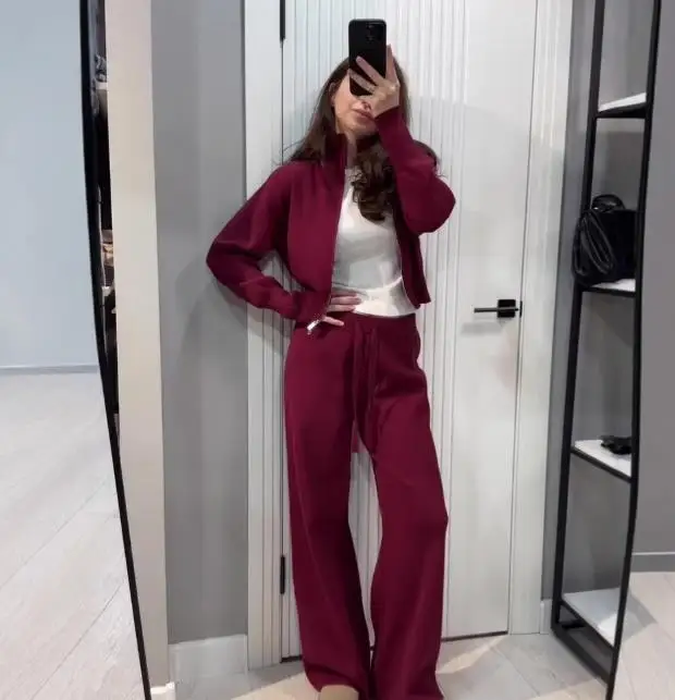 

Two Piece Set Women Outfit 2025 Spring Autumn New Solid Color Turn-Down Collar Long Sleeve Zipper Top & Casual Knitted Pants Set