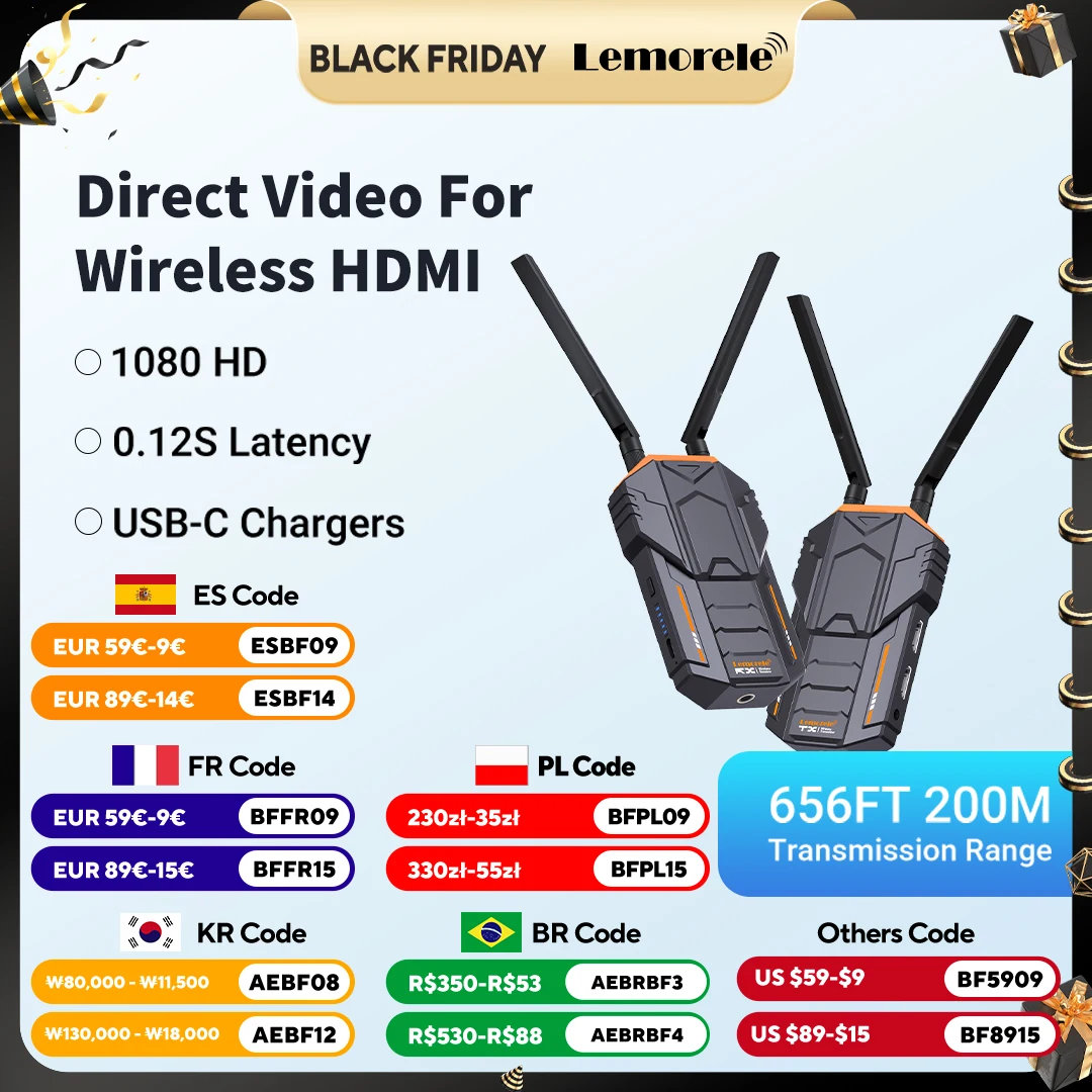 

Lemorele 200M Wireless HDMI Transmitter Receiver 1080P Video Transceiver Extender for Photography Live Streaming Support Battery