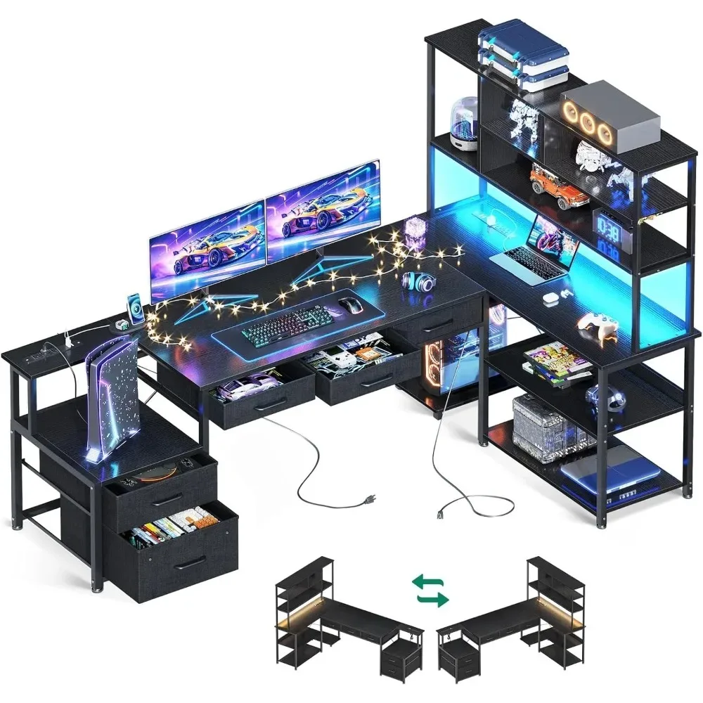 Reversible 79 inch L Shaped Gaming Desk with LED Lights 5 Drawers 2 Power Outlets Storage Shelves Home Office Computer Desk