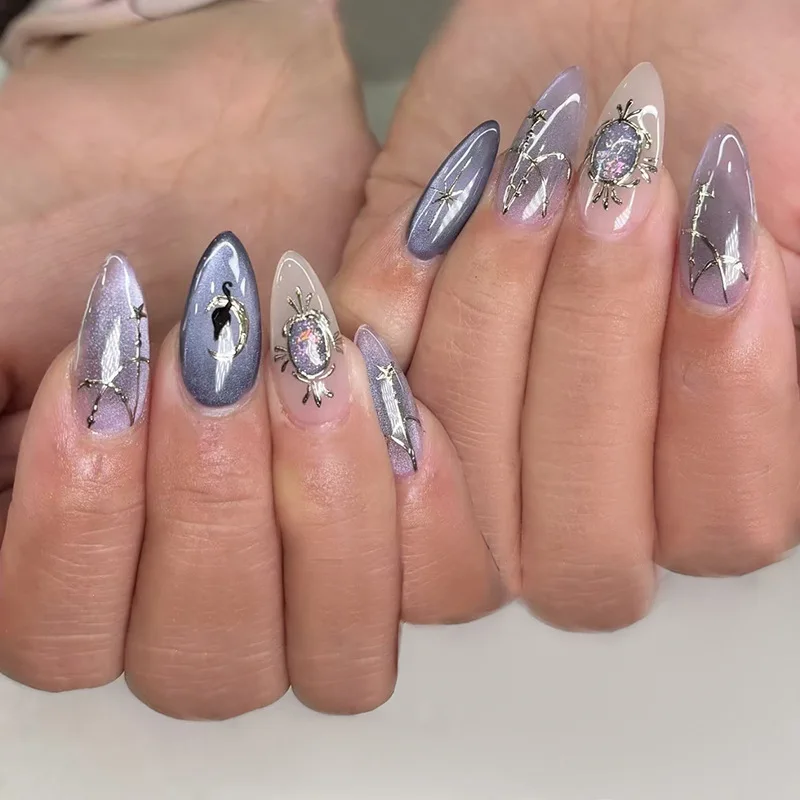 

24PCS Aurora Purple Cat Eye Wearable Press on Nail Silver Lines Moon Star French Ins Nails Tips Sweet Cool Almond Fake Nails Art