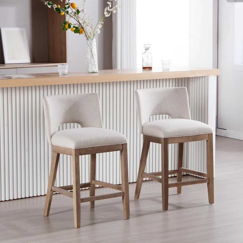 Taburetes de bar con altura de mostrador, juego de 2 para isla de cocina, taburete de bar tapizado de 26" con patas de madera, tela de lino, color beige