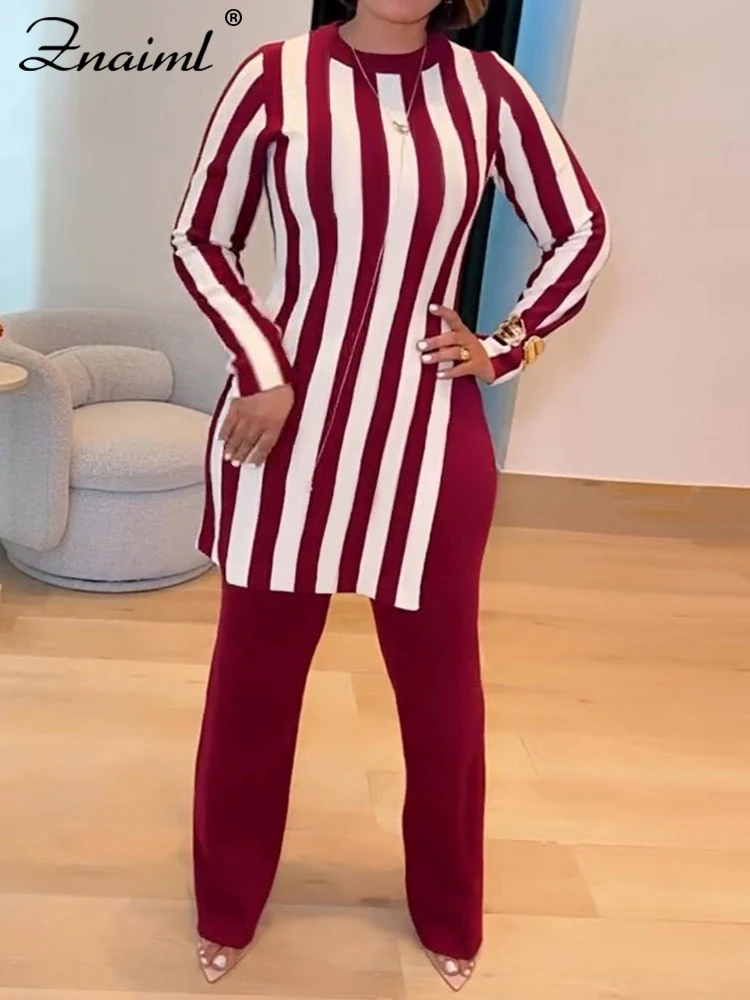 Znaiml Elegant Stripe Print Knitted Long Sleeve Split Side T-shirt Tops and Straight Pants Two 2 Piece Sets Women Work OL Outfit