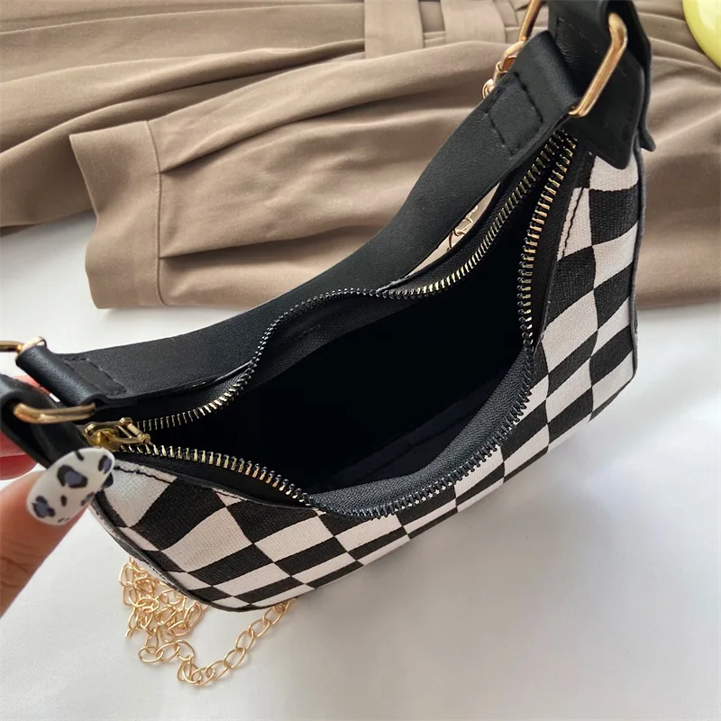 Fashion Women PU Leather Thin Chain Shoulder Crossbody Half Moon Bags Vintage Leopard Checkerboard Houndstooth Printed Handbag