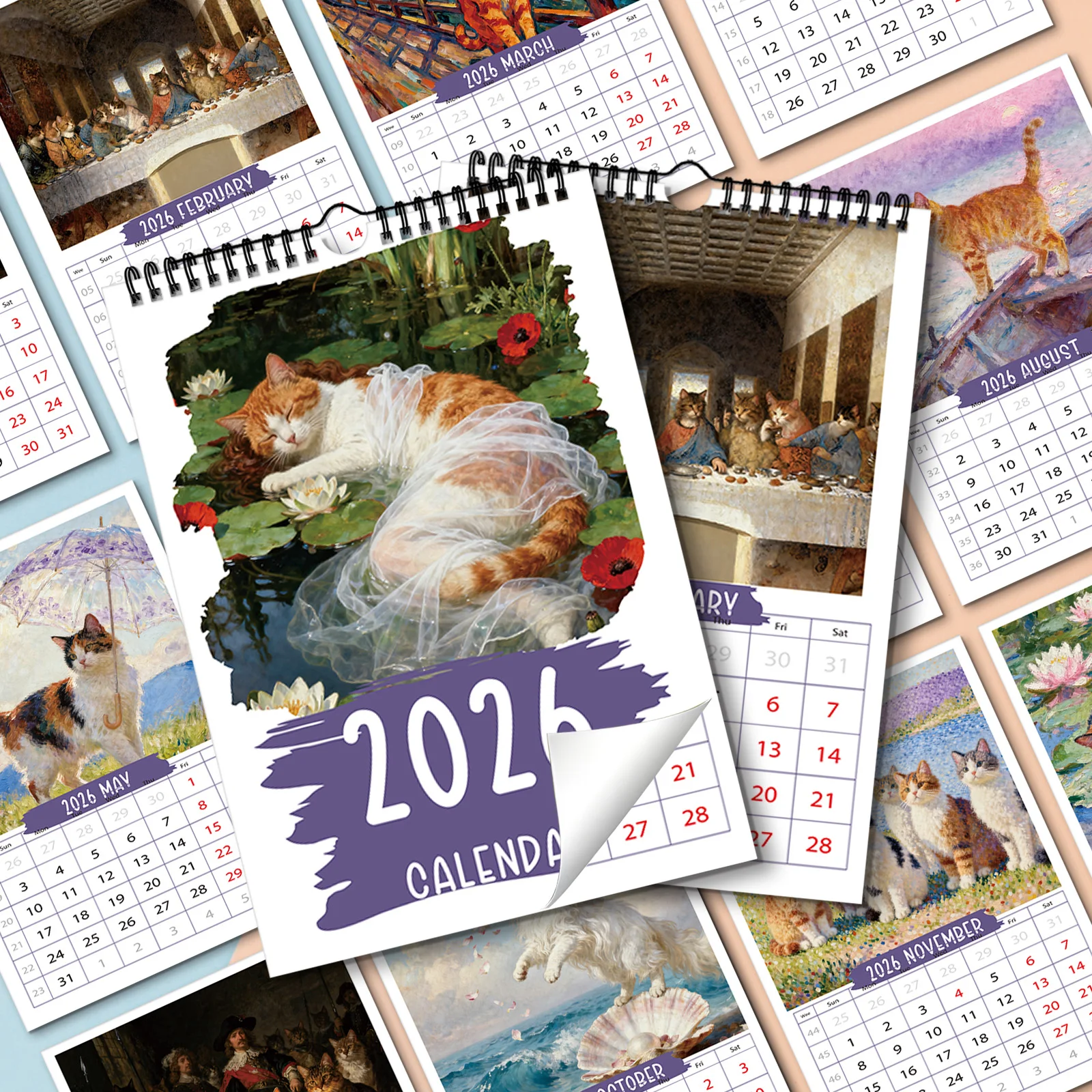 

1PC 2026 Art Masterpiece Painting Cute Cat Wall Calendar, Suitable for An Artistic Study,and A Great Gift for Art Lovers