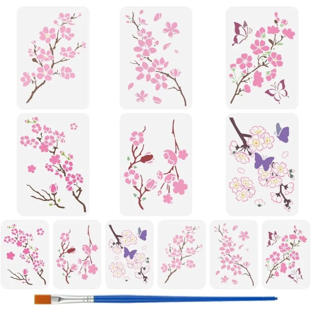 12PCS Cherry Blossom Branch Stencils 8.3x11.7/5.5x7.9 Inch Cherry Blossom Flower Template Flower and Petals Butterflies Decor