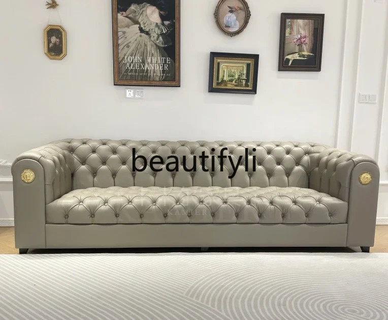 French retro cream style leather sofa first layer cowhide straight row three pull button