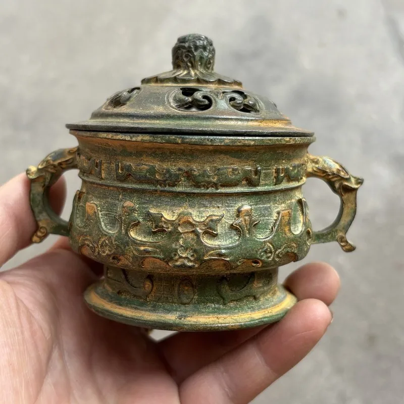 Vintage Alloy Double-Eared Sandalwood Incense Burner with Six-Character Mantra and Auspicious Beasts, Hollow Design, Indoor Tea