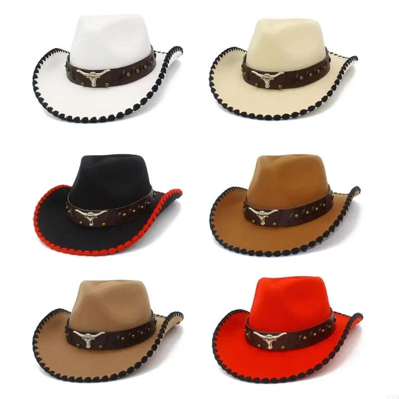 

P88B RoleplayCowboy Caps for Adult WideBrim Fedoras Hat with Hat Belt RolePlay Cowboy Hat Carnivals Party Costume Accessories