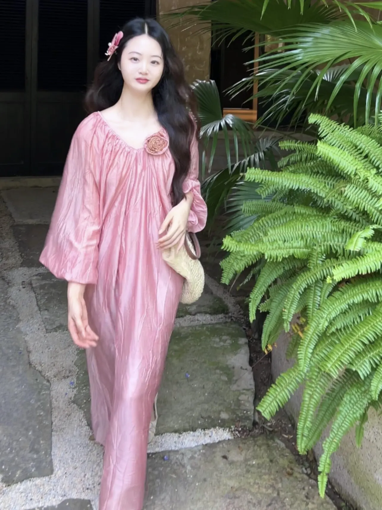 TIYIHAILEY, vestido de verano con cuello en V para mujer, manga acampanada, largo hasta media pantorrilla, rosa, Lyocell de ramio, rosa suelto, nueva primavera 2026, S-L