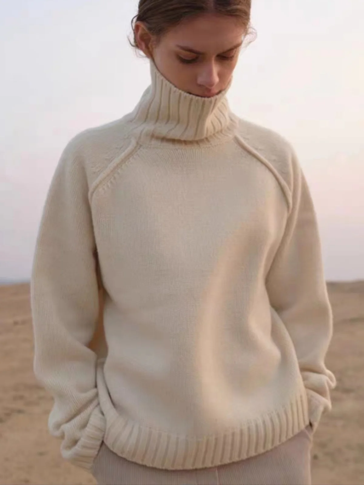 

Heavy turtleneck 100% pure cashmere sweater women's autumn and winter loose lazy wind thickened Joker knit bottoming shirt