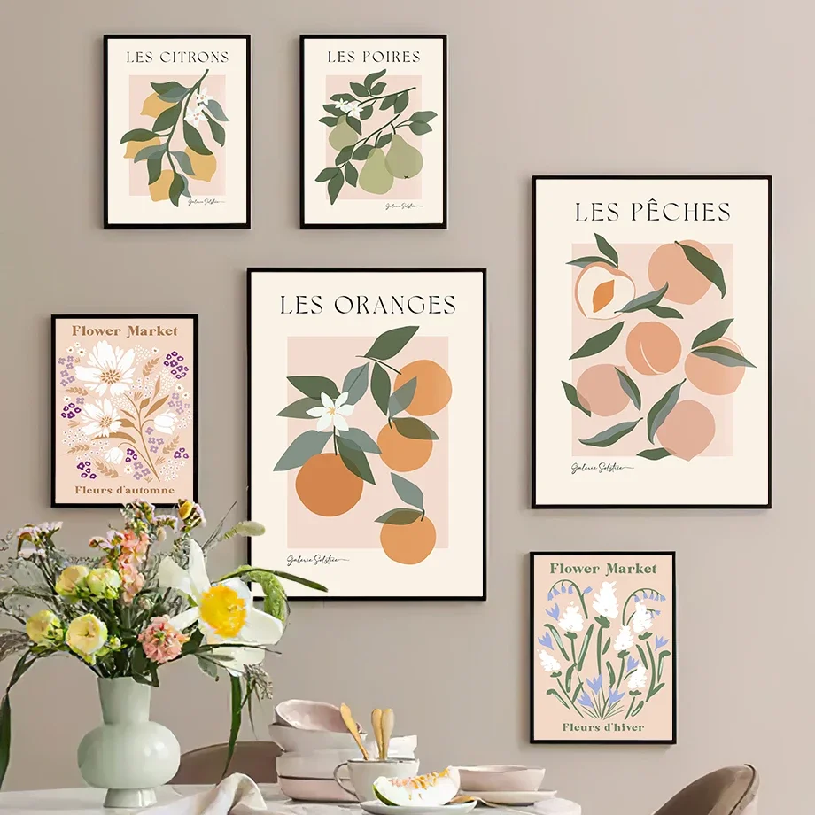 Oranges Peach Lemon Pear Flower Market Wall Art Canvas Painting Nordic Posters And Prints Wall Pictures For Living Room Decor