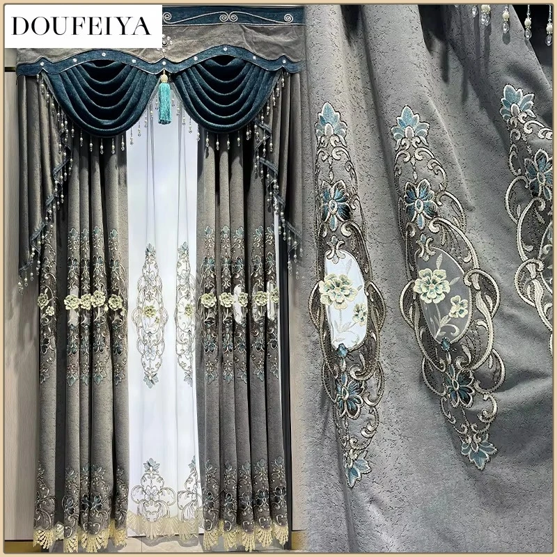 

Custom Size European Gray Hollow Embroidery Luxury Curtains for Living Room Bedroom Dining Tulle Valance blackout Thickened