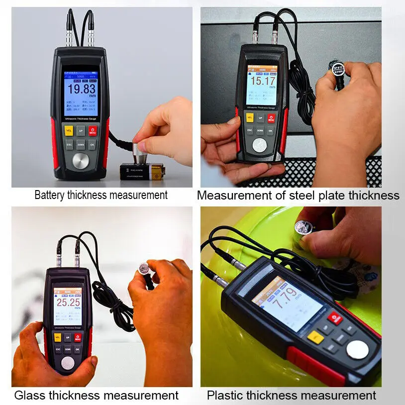 HOLDPEAK WT100A Digital Ultrasonic Thickness Gauge Meter Tester 1.0-225mm Tool for Metal Glass, with Data hold,Alarm Set