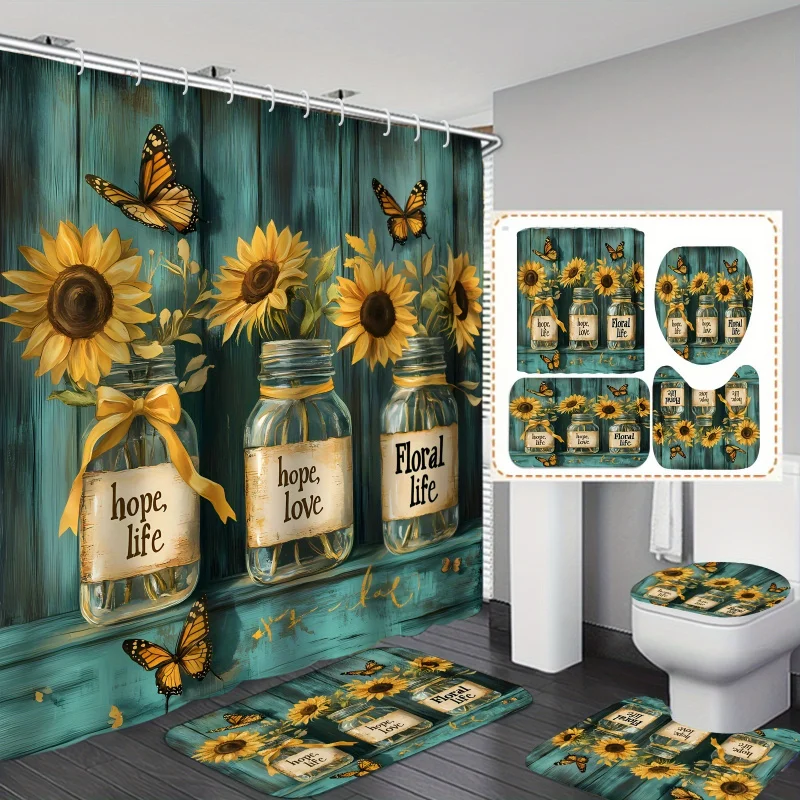 Sunflower Vase and Butterfly Print Bath Curtain Set with Inspirational Quotes, Blue Green Wood Grain Design, Polyester Water-Res