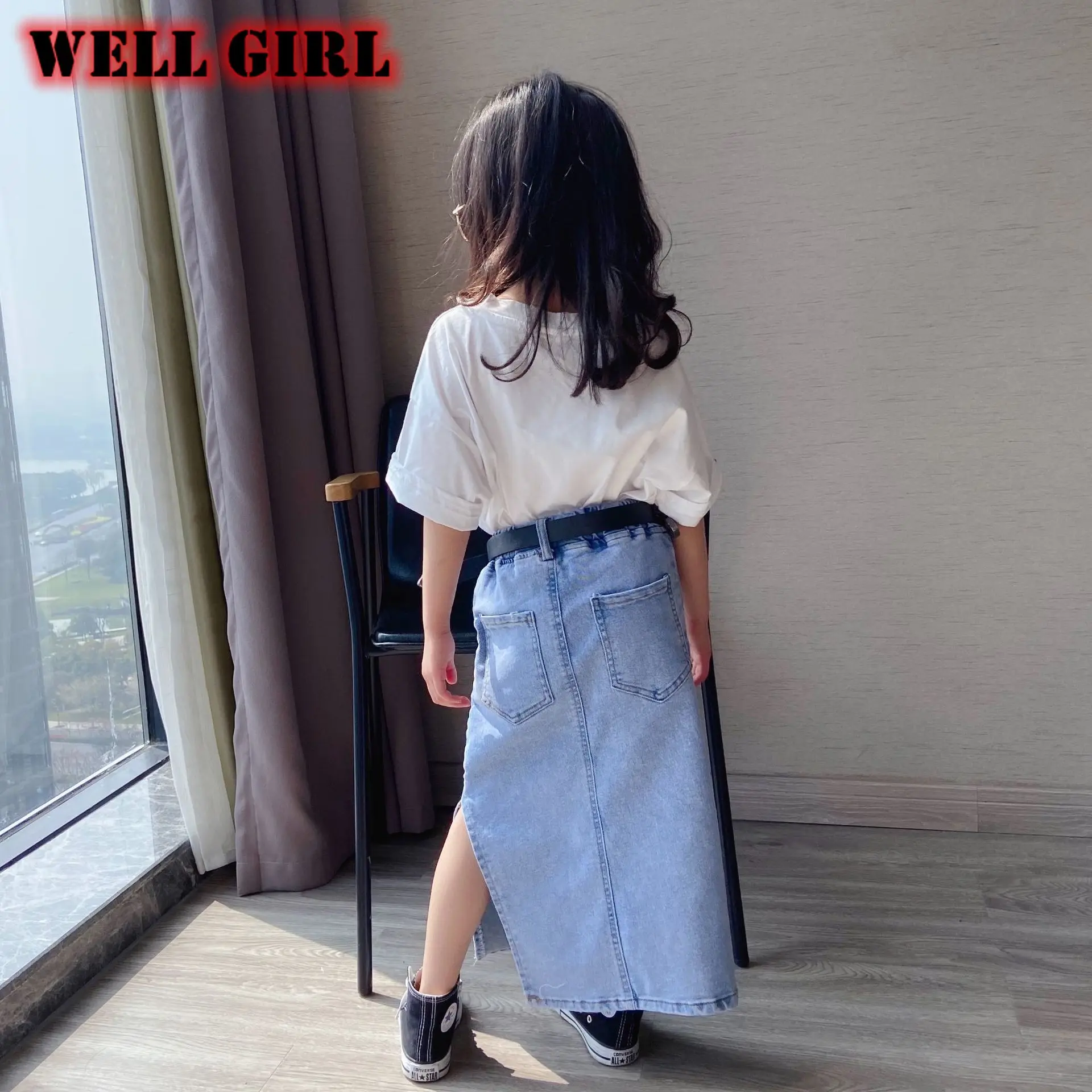 Korean vintage fashion clothes girls jeans skirt ankle length midi skirts split side open high waist bottoms denim 4 to 16 yrs