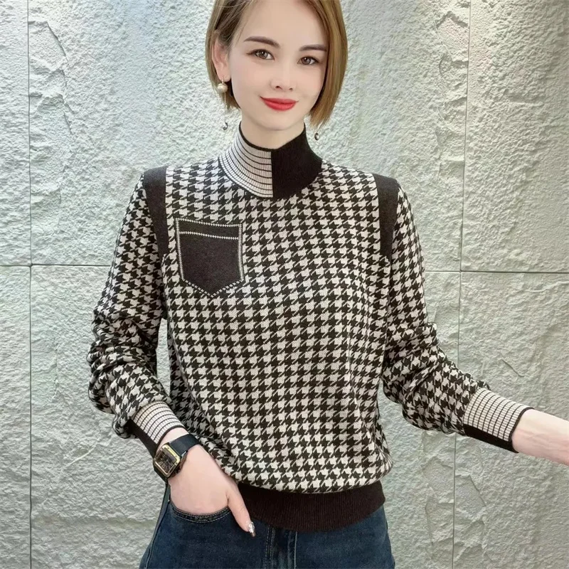 

Autumn Winter Ladies Sweater 2024 New Coat Houndstooth Knitwear High-End Turtleneck Pullover Women Jacket Joker Bottoming Shirt