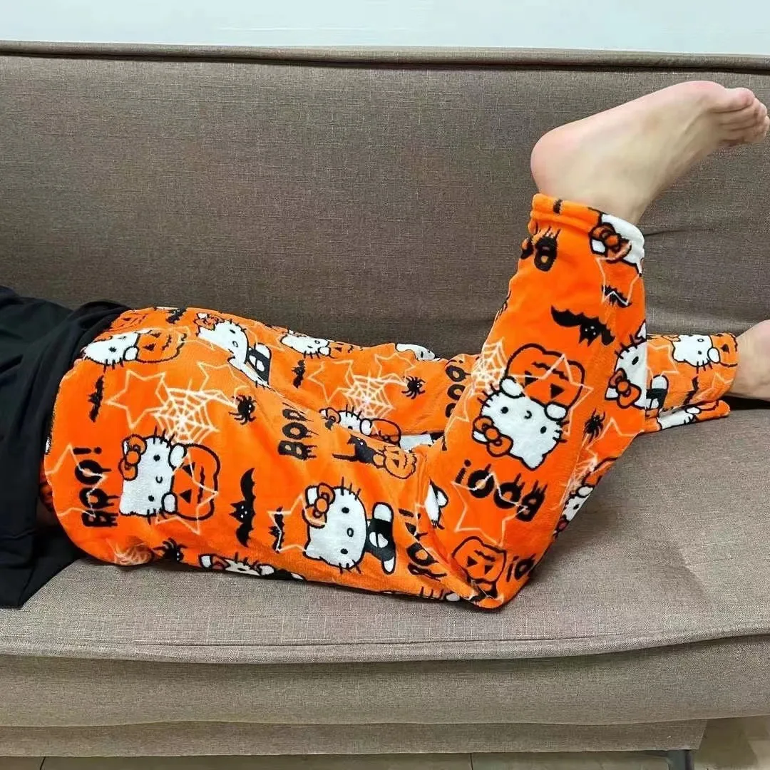 Halloween Hello Kitty Sanrio Flannel Sleeping Pants Kawaii Cartoon Anime Leisure Home Flannel Pants Home Sleeping Pants Toys