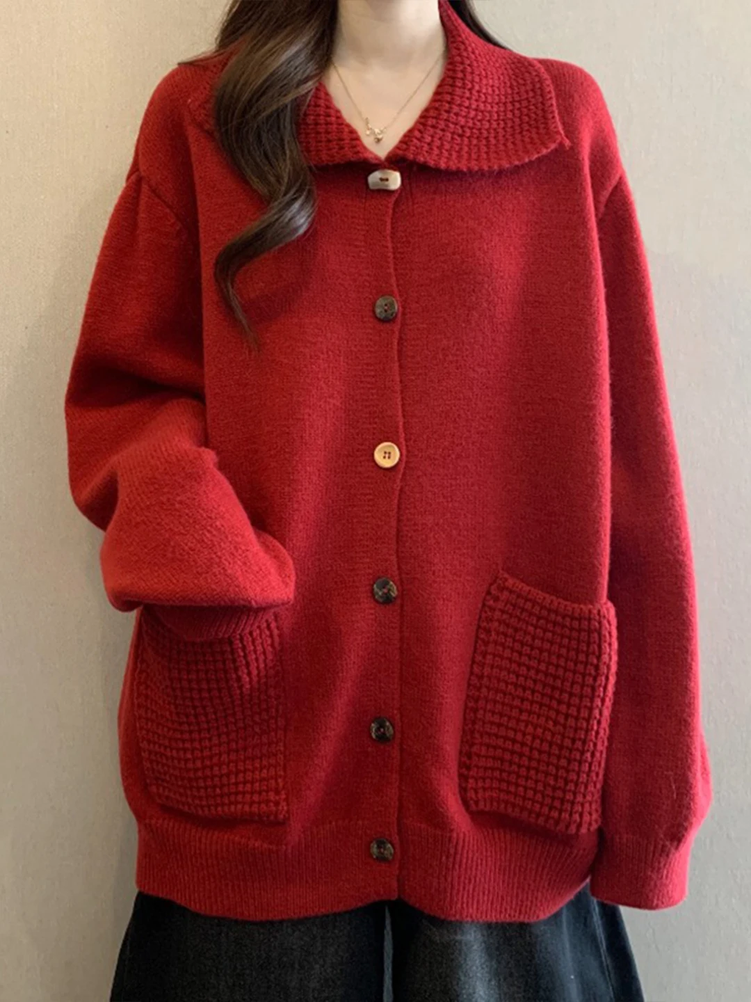 

Red Long Sve Knitted Sweater Coat Women's Large Size Autumn Winter Middle Length Knitted Open Cardigan Casual Commute Sle