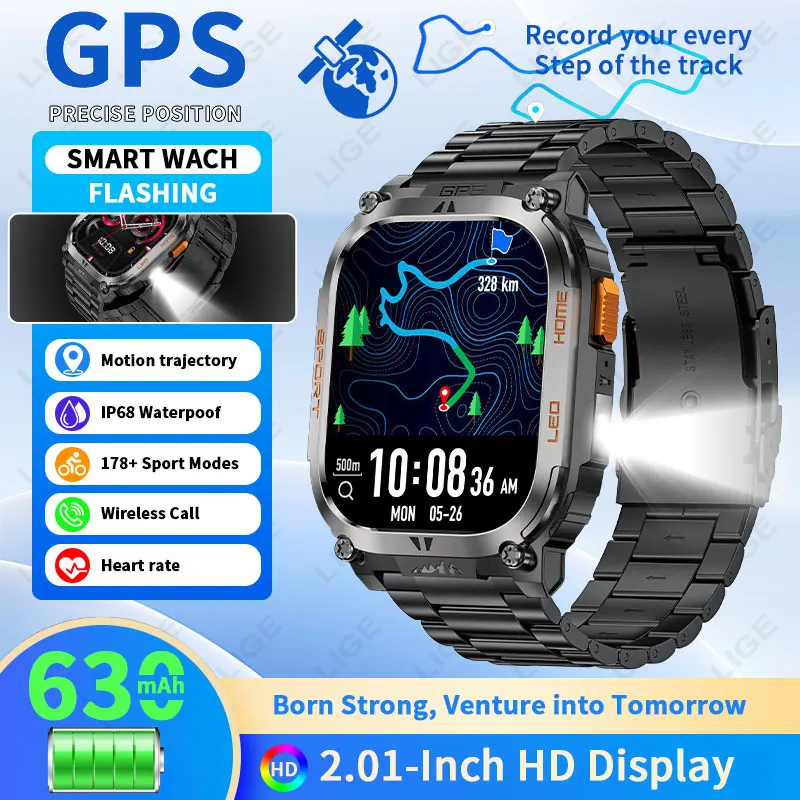 

LIGE 2026 New GPS Smart Watch LED Flashlight 100+ Sports 2.01 HD Large Screen Military Health Monitoring Outdoor Smartwatch Men