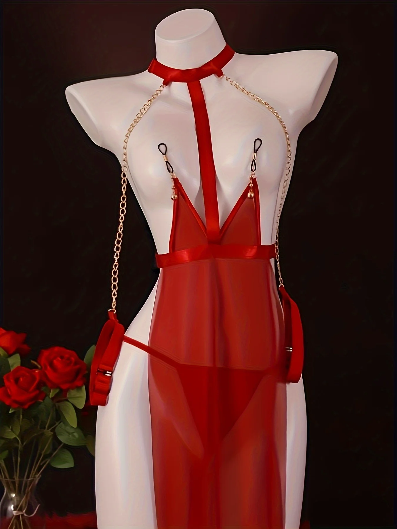 

Порно сексуальный женский красный комплект нижнего белья, боди из прозрачной сетки с золотыми бретелями-цепочками, романтическая ночная рубашка, экзотические куклы-бебидоллы