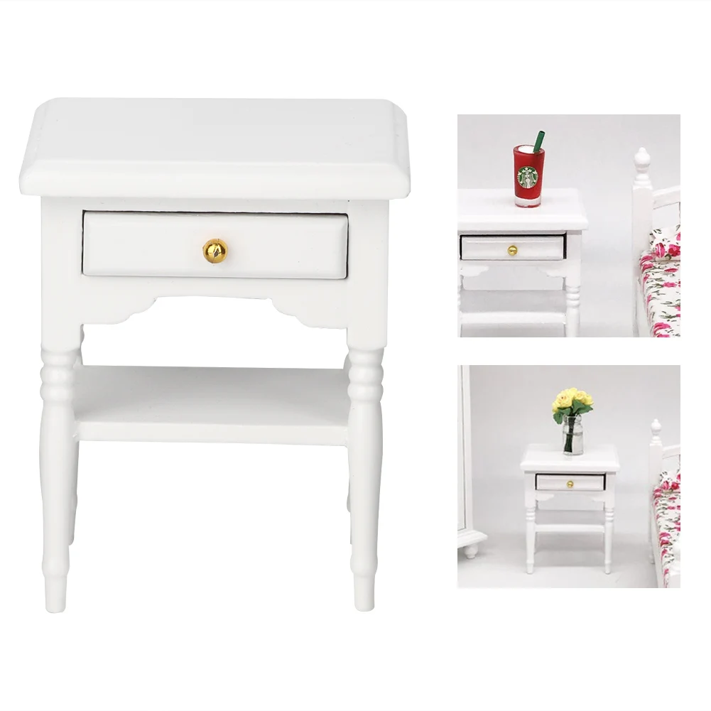 Bedside Table Furniture  Wood Bedside Table 1:12 White  Bedroom Furnishing Articles Wooden Bedside Table Model