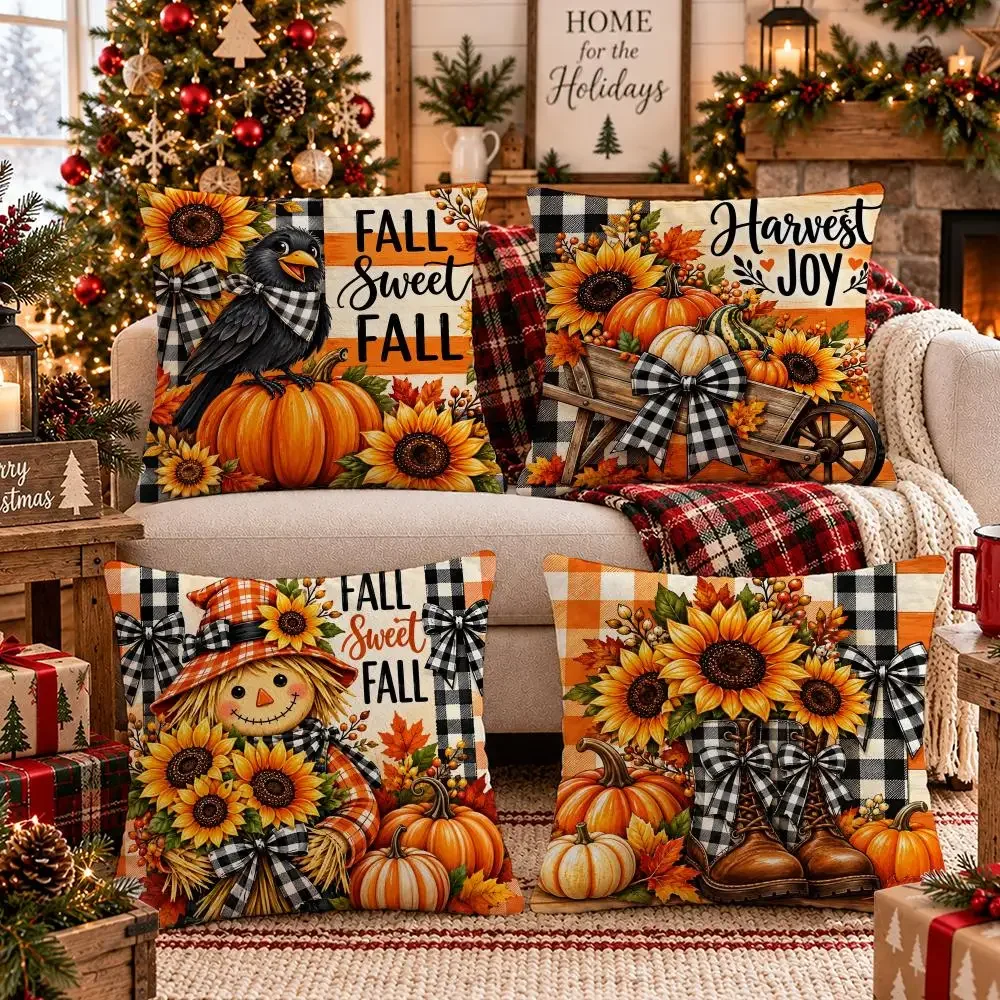 Sunflower Scarecrow Autumn Cushion Cover 1/4PCS Short Plush Pillow Cover Set Soft Decorative Cushion Case for Sofa  Home Decor