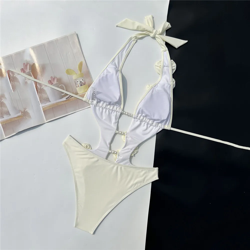Solid White 3D Flower Backless Swimwear Sexy One Piece Swimsuit Woman 2026 Hollow Cut Out Monokini Pearl String Bathing Suit