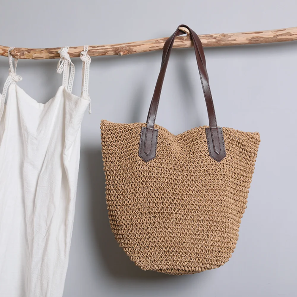 Sac à main de grande capacité pour femmes, sac de paille bohème rétro simple, sac de plage d'été, rangement de loisirs, sac à provisions à la mode, 2024