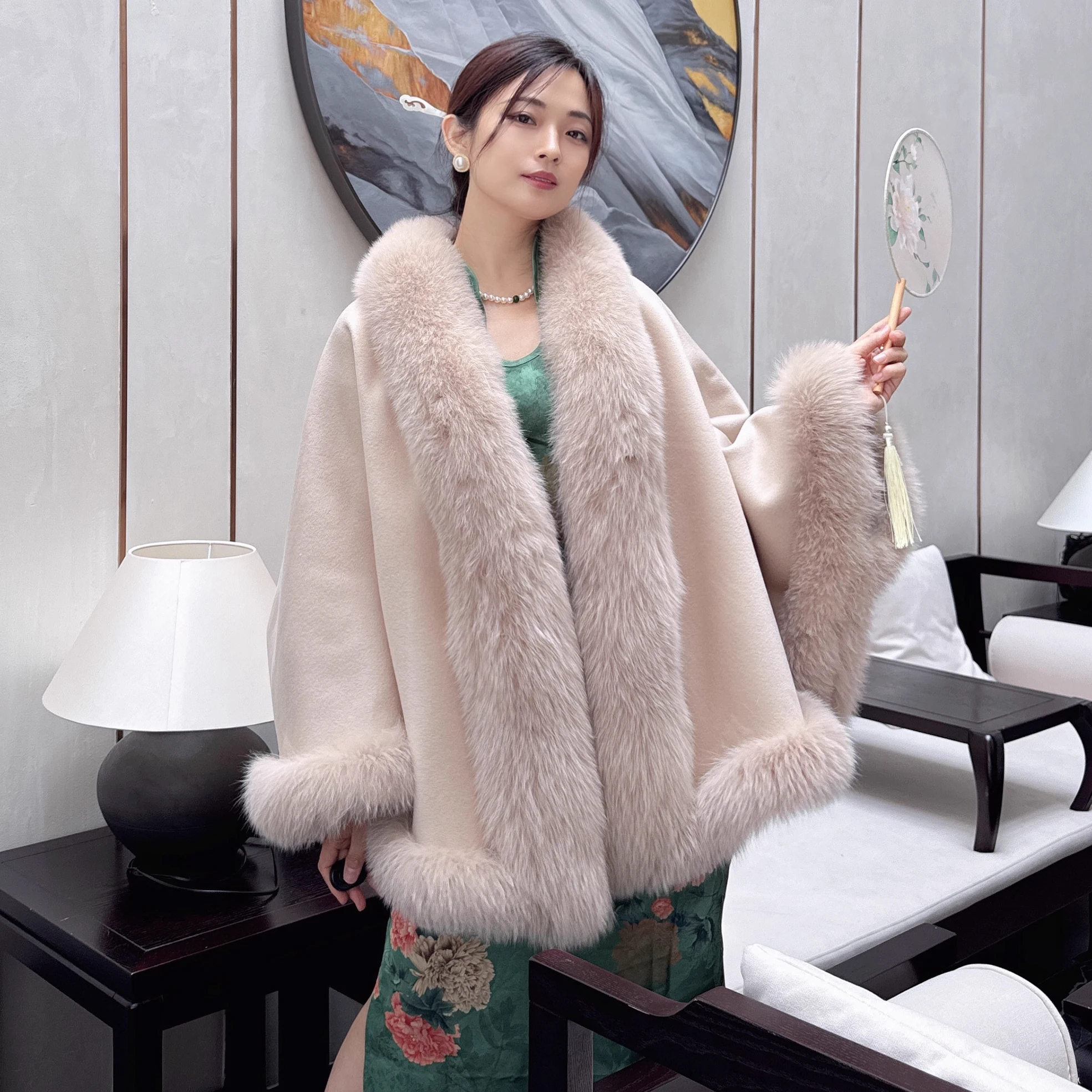 2025 outono e inverno feminino pele de raposa xale envolve fofo quente capa de pele casaco jaqueta de noiva engrossado cardigan cashmere poncho