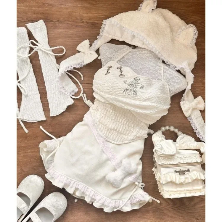 Fashion Sweet Fresh Strapless Halter Vest+ Oversleeve and Hat+ High Waist Ruffles Drawstring Skirts Sumemr New Four Piece Sets