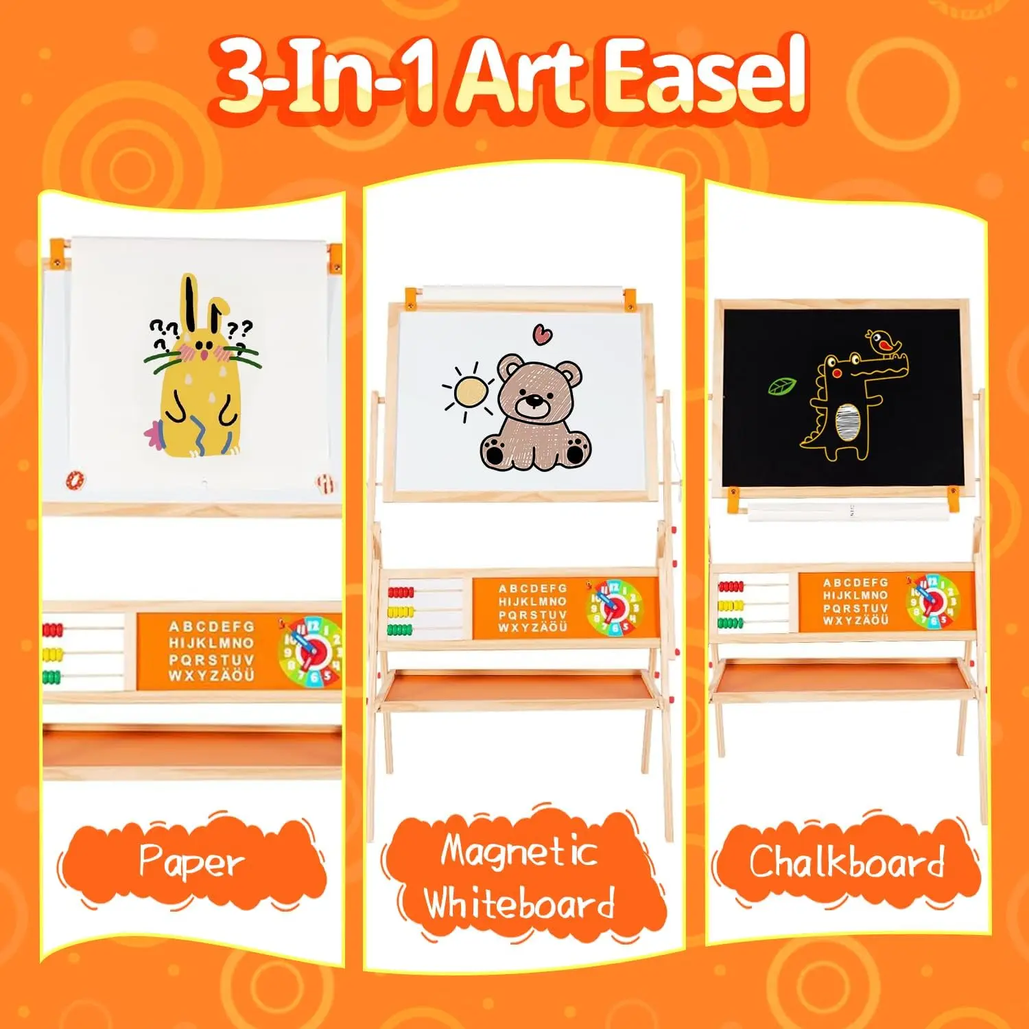 حامل خشبي 3 في 1 للأطفال، سبورة بيضاء مغناطيسية على الوجهين وسبورة طباشير، قابلة للدوران مع حامل لفائف الورق وصينية تخزين #2