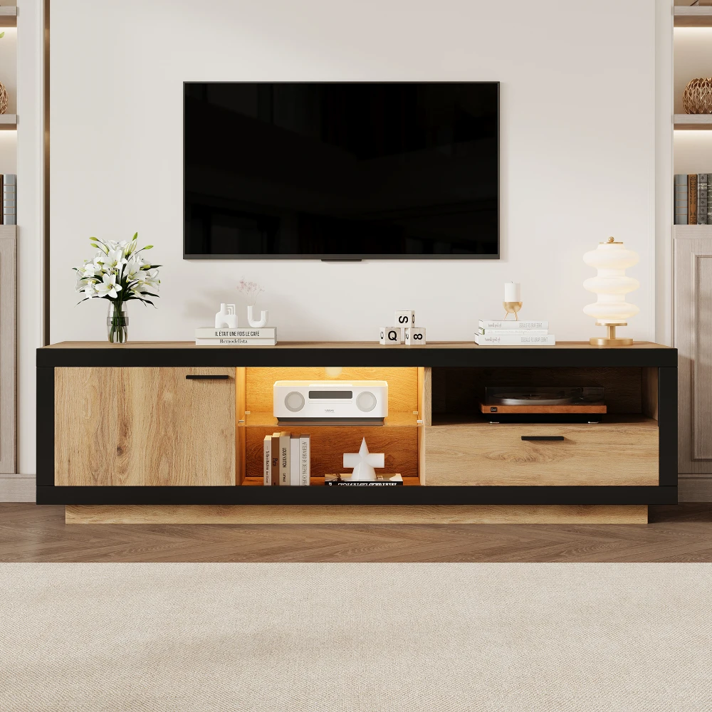 Mueble para televisor de color negro y madera de roble, diseño moderno, con estantes de cristal, consola para televisor con espacio de almacenamiento, mueble para juegos y dispositivos multimedia, ideal para televisores de 70, 65 y 55 pulgadas, para la sala de estar, el dormitorio o cualquier otro espacio del hogar.