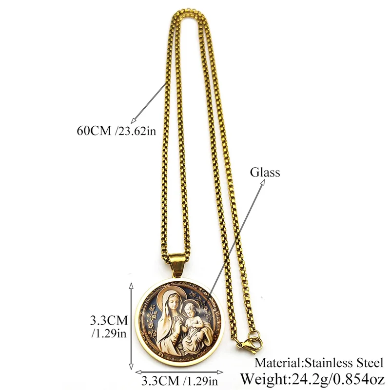 Virgin Mary Hold Baby Jesus Glass Round Medal Pendant Necklace for Women Men Stainless Steel Gold Color Catholic Amulet Jewelry - view 6