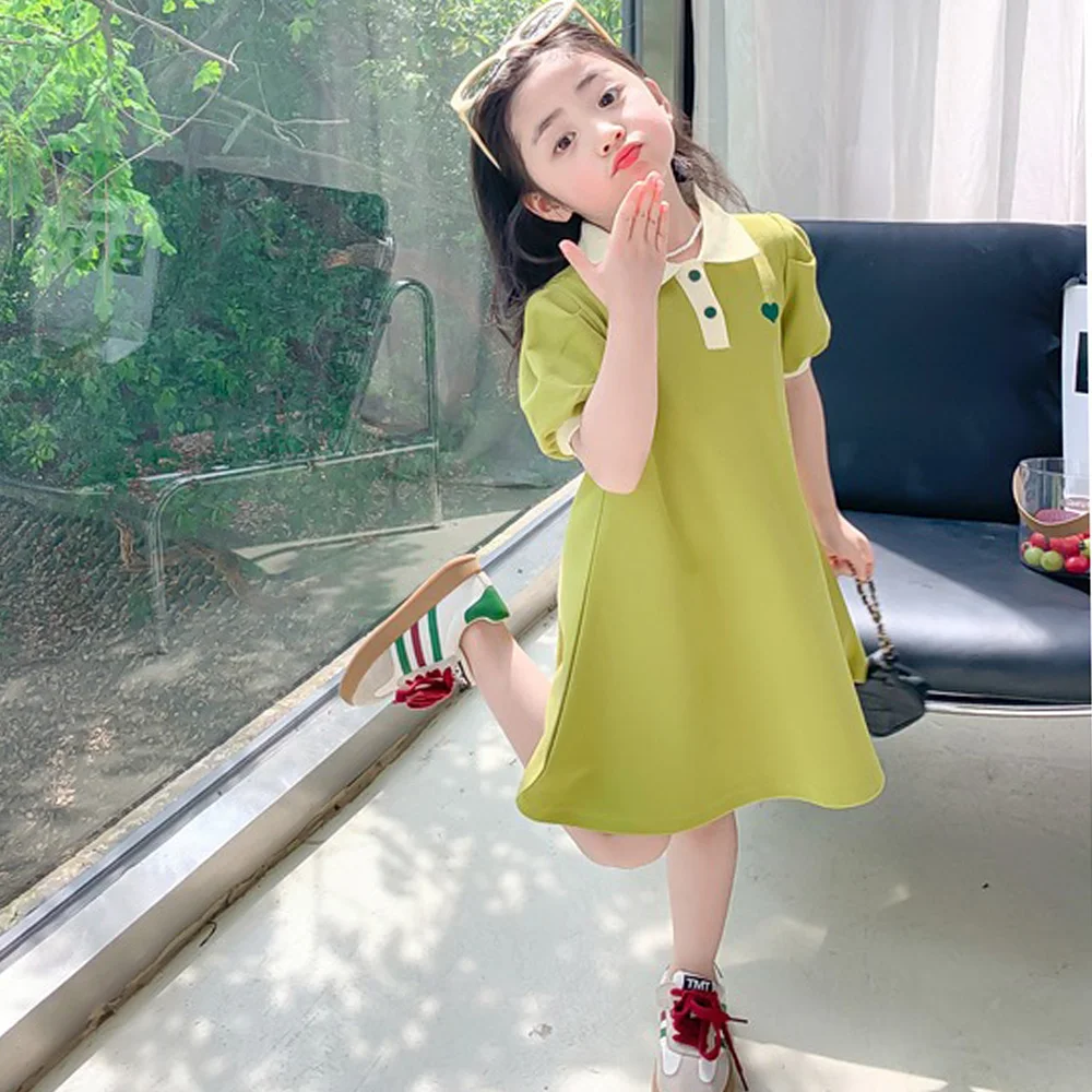 

Sweet Girls' Dress Cute Heart Embroidery Pattern Sailor Collar Princess Dress Fashion Children's Solid Color Casual Dresses