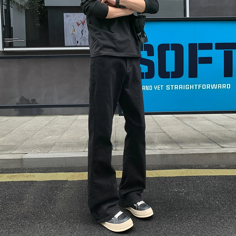 ‌Men's American Retro Washed Black Micro Flare Jeans Loose Straight Denim Pants Casual Streetwear Trousers with Pockets  S-5XL