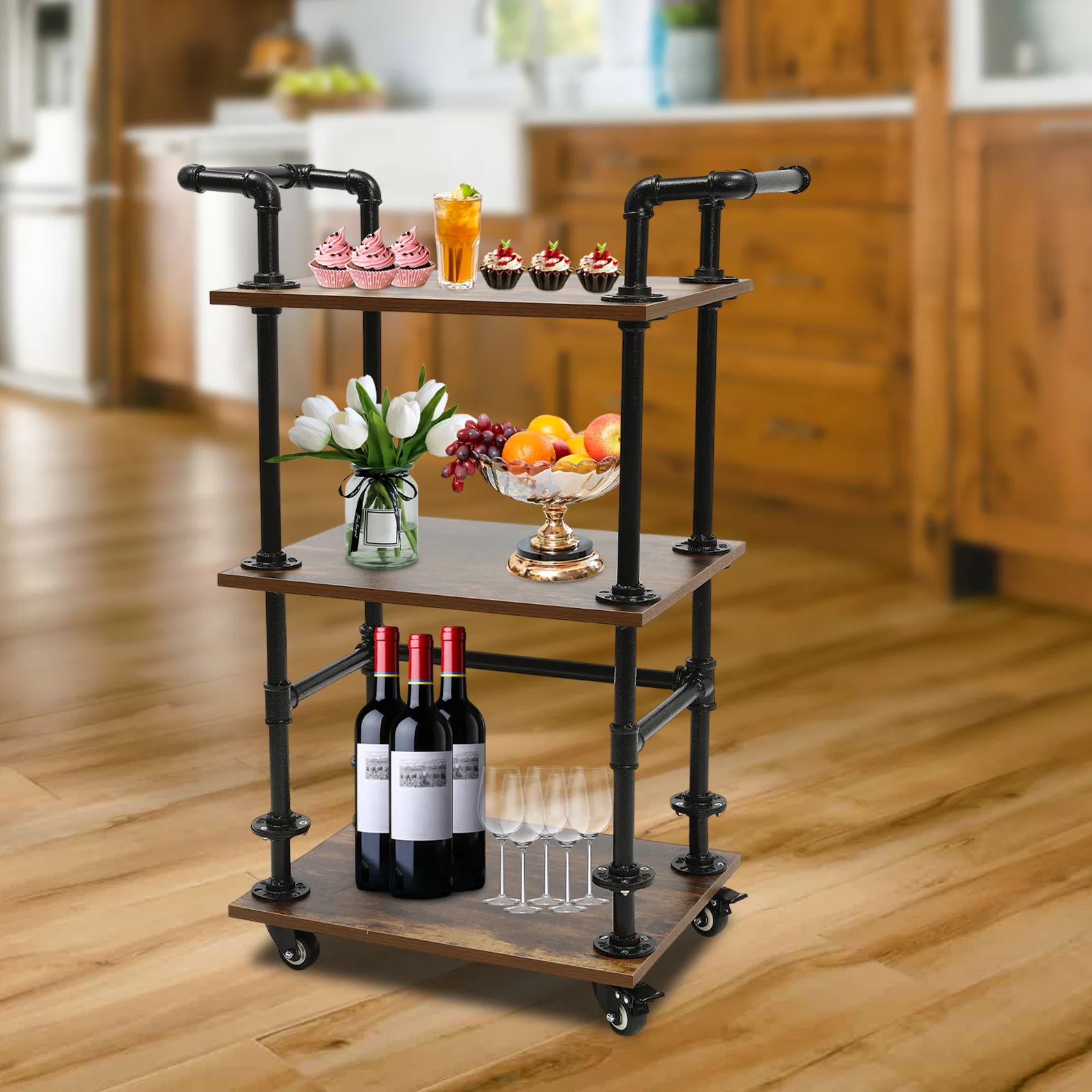 3 Tiers Wine Rack Carts On Wheels With Storage ,Industrial Rolling Carts ,Wine Tea Liquor Shelves/Holder