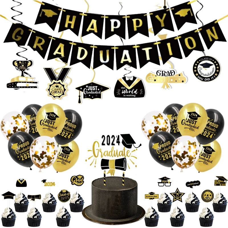 

2024 Graduation Season Theme Party Decor Happy Graduation Banner Balloon Spiral Hanging Cake Toppers for Graduation Celebration