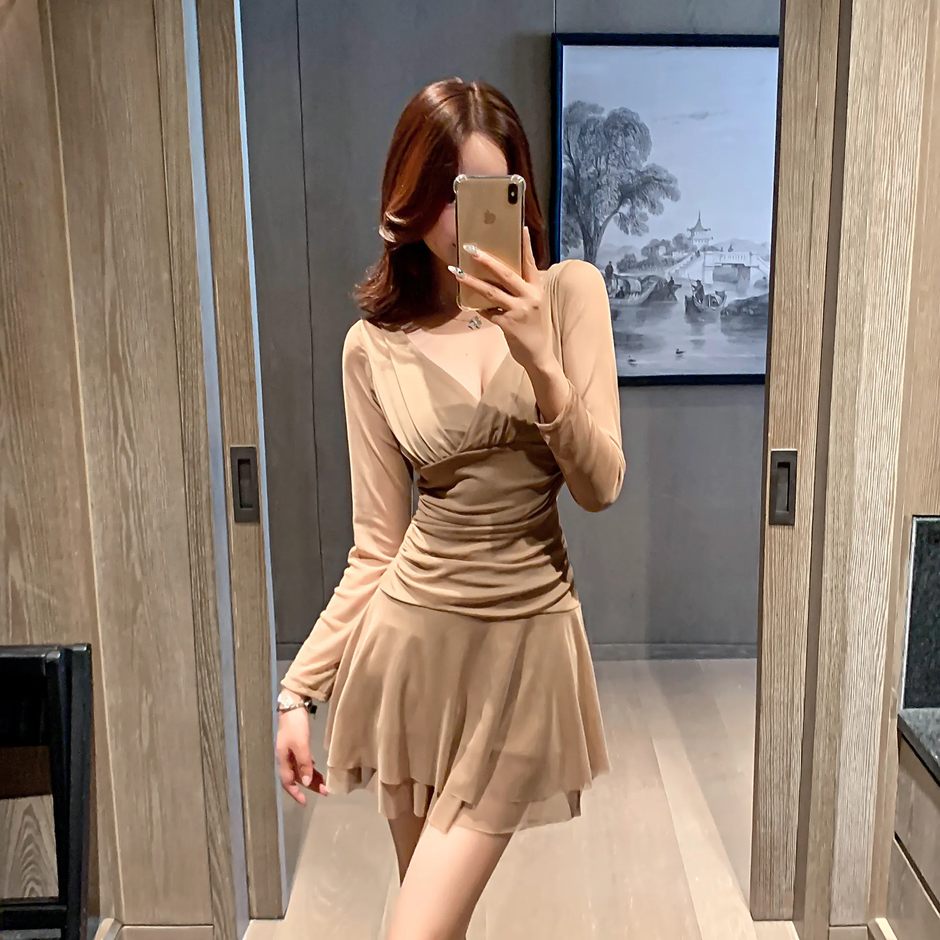 Fashion New Spring Summer Office Lady Deep V-Neck Long Sleeve Dress Sexy Girl A-linePleated Mesh Hip Skirt Woman Party Clothes