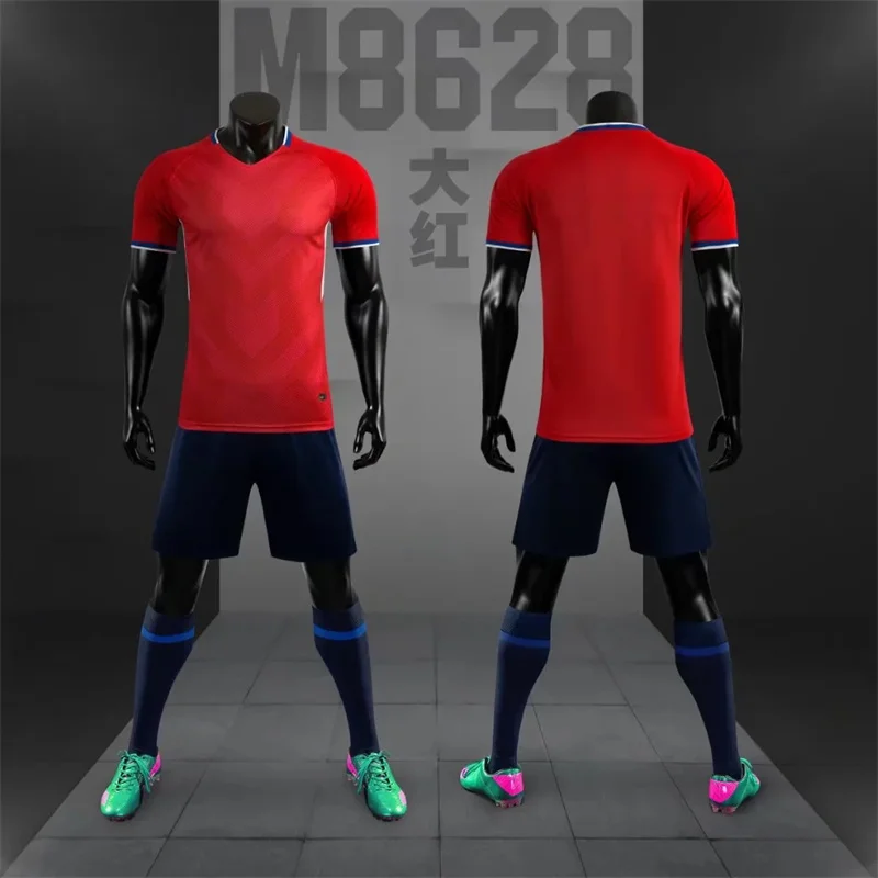 Summer brand football wear blue red white jersey custom short-sleeved T-shirt shorts set  8628