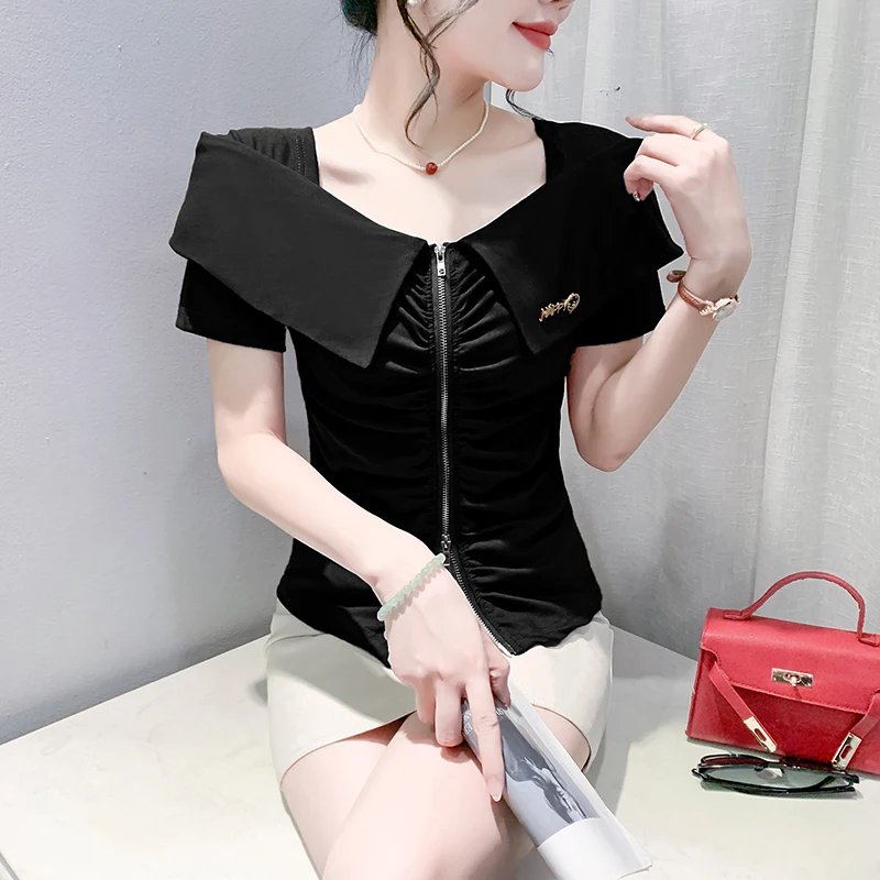 2024 New Summer European Clothes T-Shirt Chic Sexy One Shoulder Zipper Draped Patchwork Ruffles Women Tops Short Sleeve Tees 460