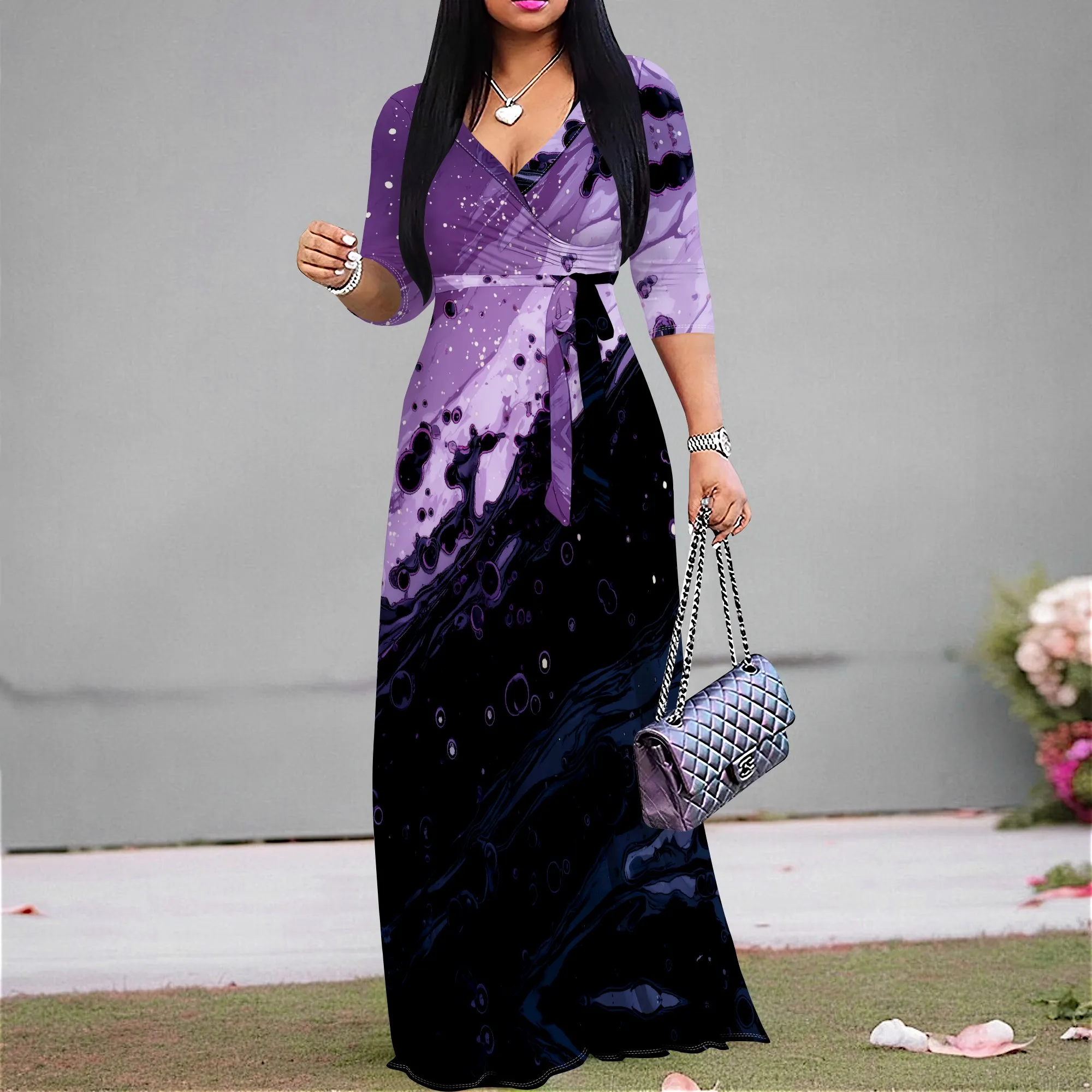 

Plus Size Wrap Dress with Purple Swirl Print - S-3XL Elegant Long Sleeve Maxi Dress for Evening & Cocktail Parties