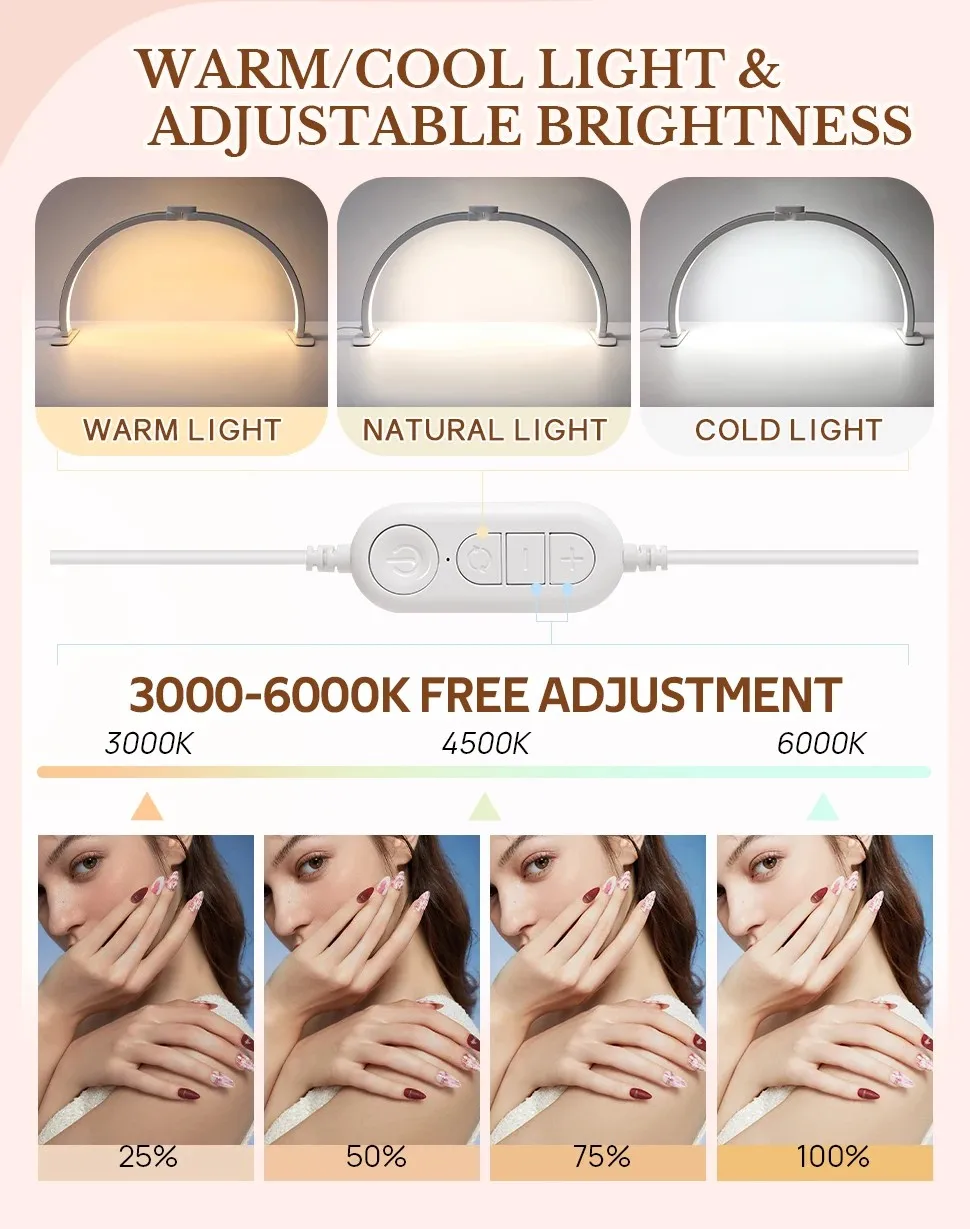 Half Moon Light 36W Nail Desk Lamp U Shaped 364 LEDs Fill Light with Phone Holder Foldable Table Lamp with Stepless Dimming