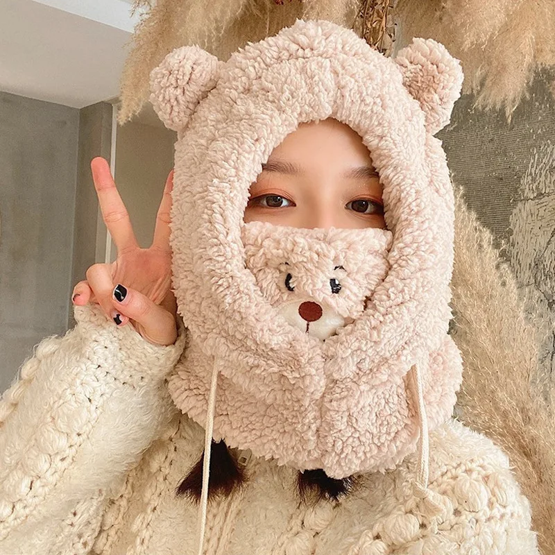 Cartoon Bear Ear Lamb Beanie Hat With Mask Warm Balaclava Winter Thickened Ear Protection Autumn Skullies Beanies for Girl