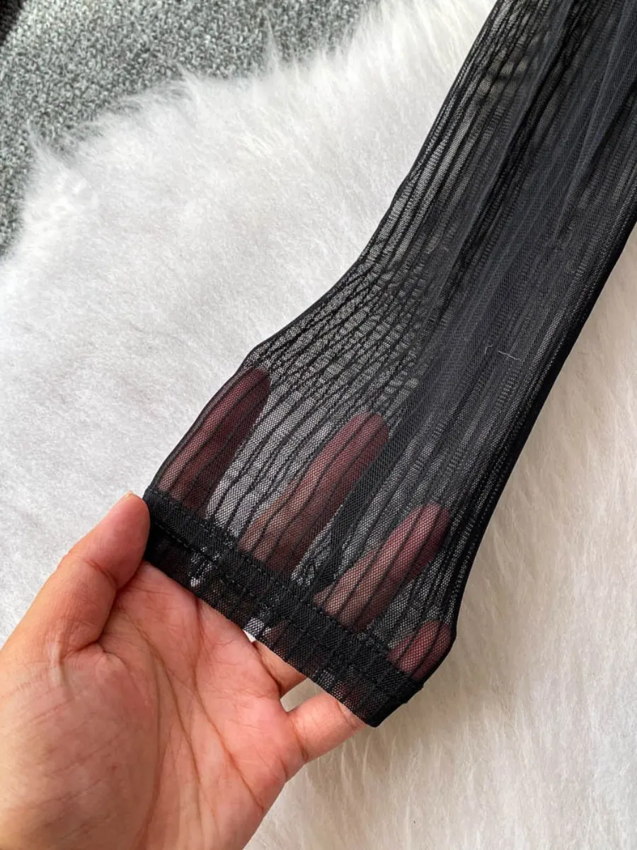 Foamlina holle opstaande kraag lange mouw jumpsuit dames zomer Amerikaanse niche sexy slanke hoge split mesh bodysuits